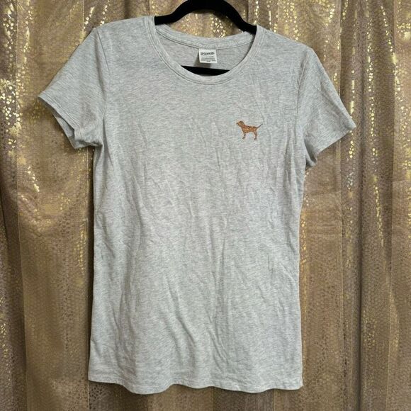 PINK Victorias Secret Rosegold Gray Glitter Logo T-Shirt Small - Picture 3 of 5